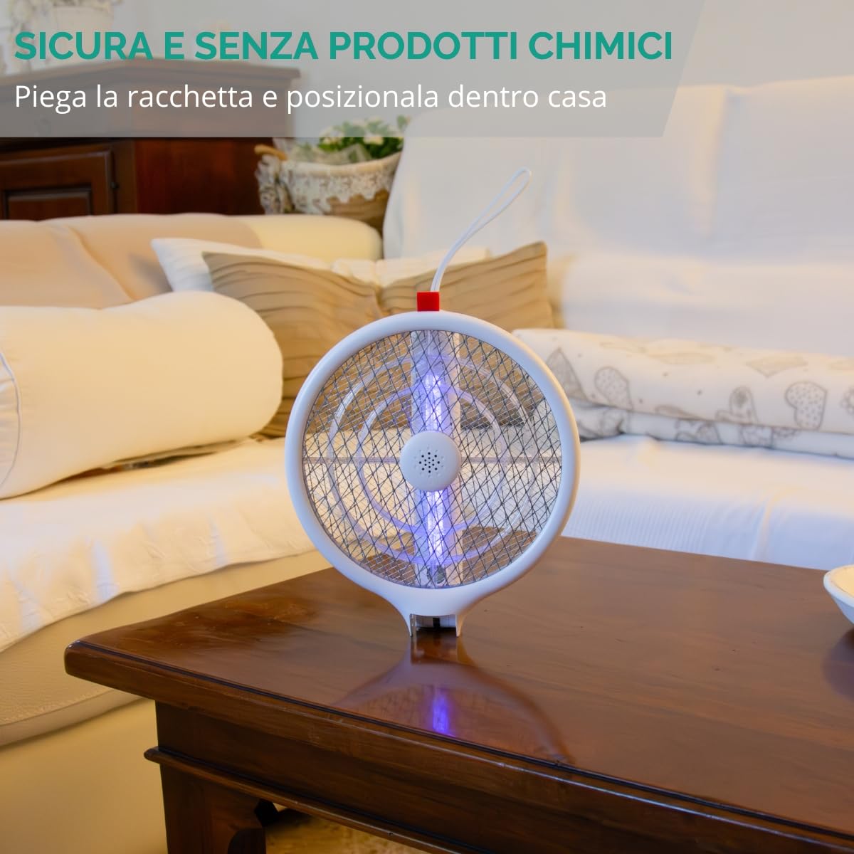 Daewoo Racchetta Antizanzare Elettrica Pieghevole Ricaricabile USB – Leggera e Potente con Display LCD – Colore Bianco – Ideale per Casa, Giardino e Campeggio