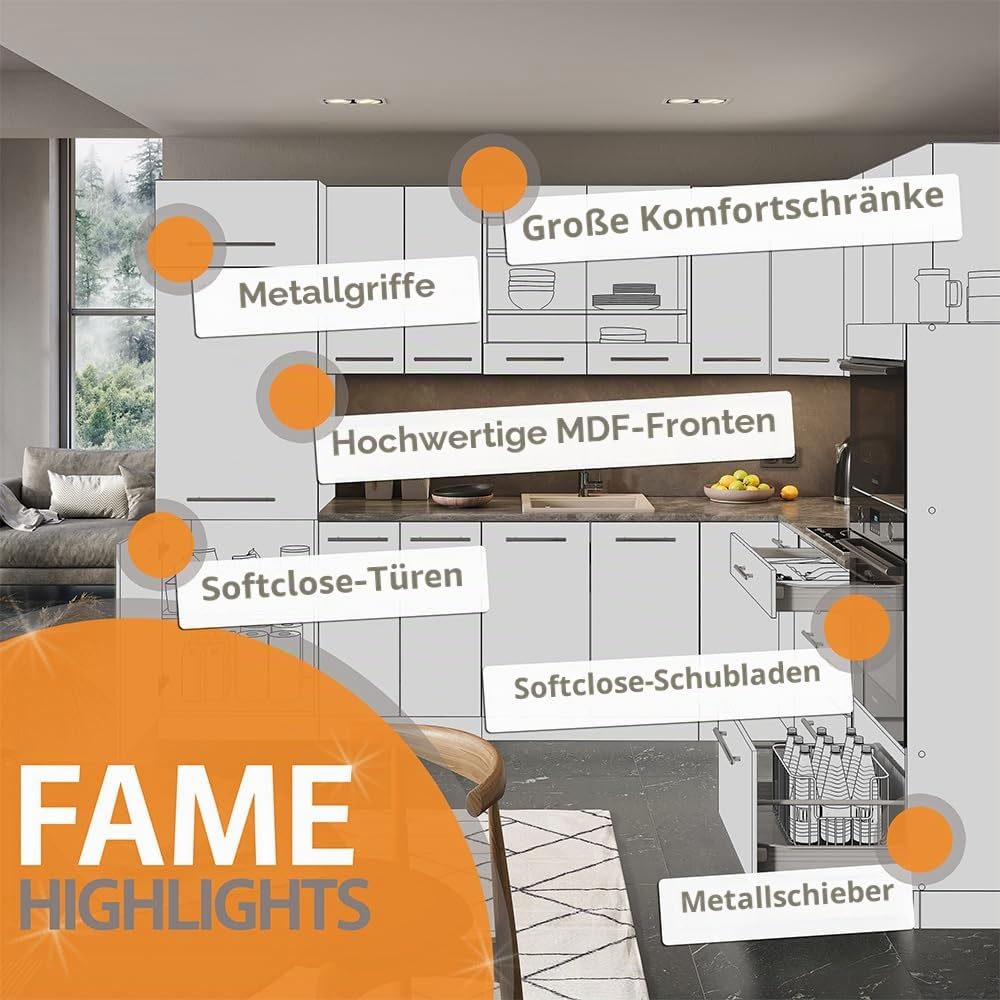 Vicco Küchenzeile Fame-Line, Anthrazit-Gold/Weiß, 300 cm | ohne Arbeitsplatte, passend für flexible Küchenplanung und modulare Erweiterung