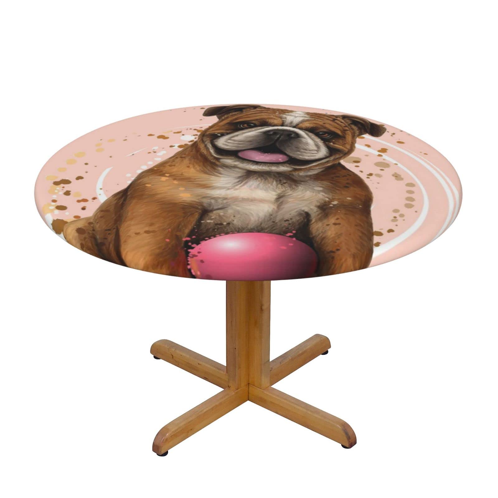 Lsjuee Round Fitted Tablecloth 40-44in Elastic Edged Table Cloth for Kitchen Dining Party Home Decor - Bulldog Cute Dog Color