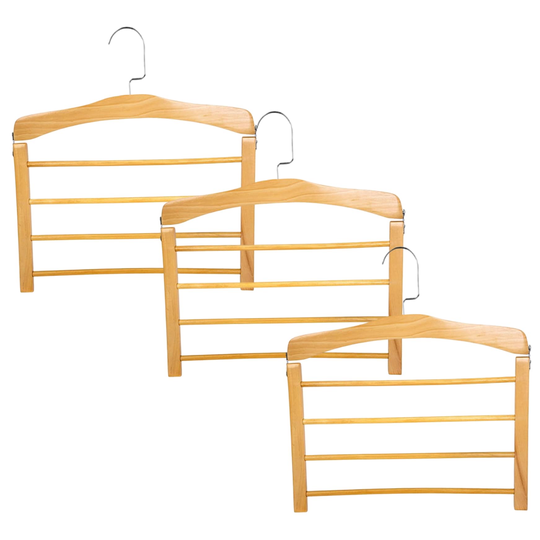 Monetais 3Pcs 4-Tier Wooden Pants Hangers, Non-Slip Space Saving with Rotating Hook for Jeans Trousers Scarves