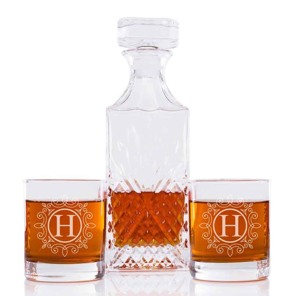 Ornate Monogram Bevel Decanter and Rocks Glasses (Set of 5), Letter H
