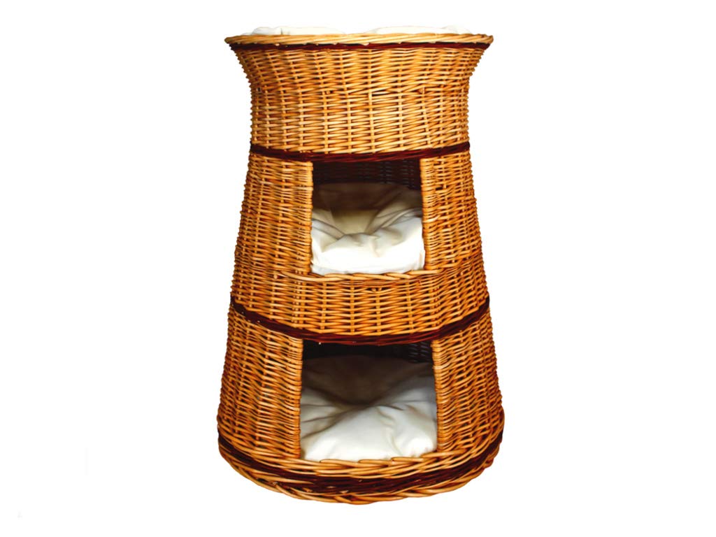 Damian-Wiklina Cesta de mimbre de tres niveles para gatos y perros, color mimbre natural, con cojín, color beige