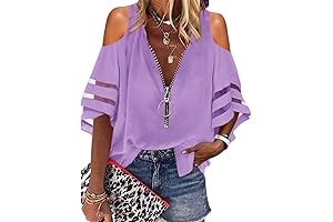 Trendy Womens Cold Shoulder V-Neck Blouses Zip Up Mesh Panel