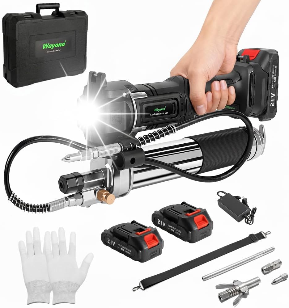 Wayona Cordless Grease Gun 12000 PSI Battery Powered Electric Grease Gun Kit with 2 Rechargeable Batteries 39.4” Flexible Hose Led Light Fast Charger Black