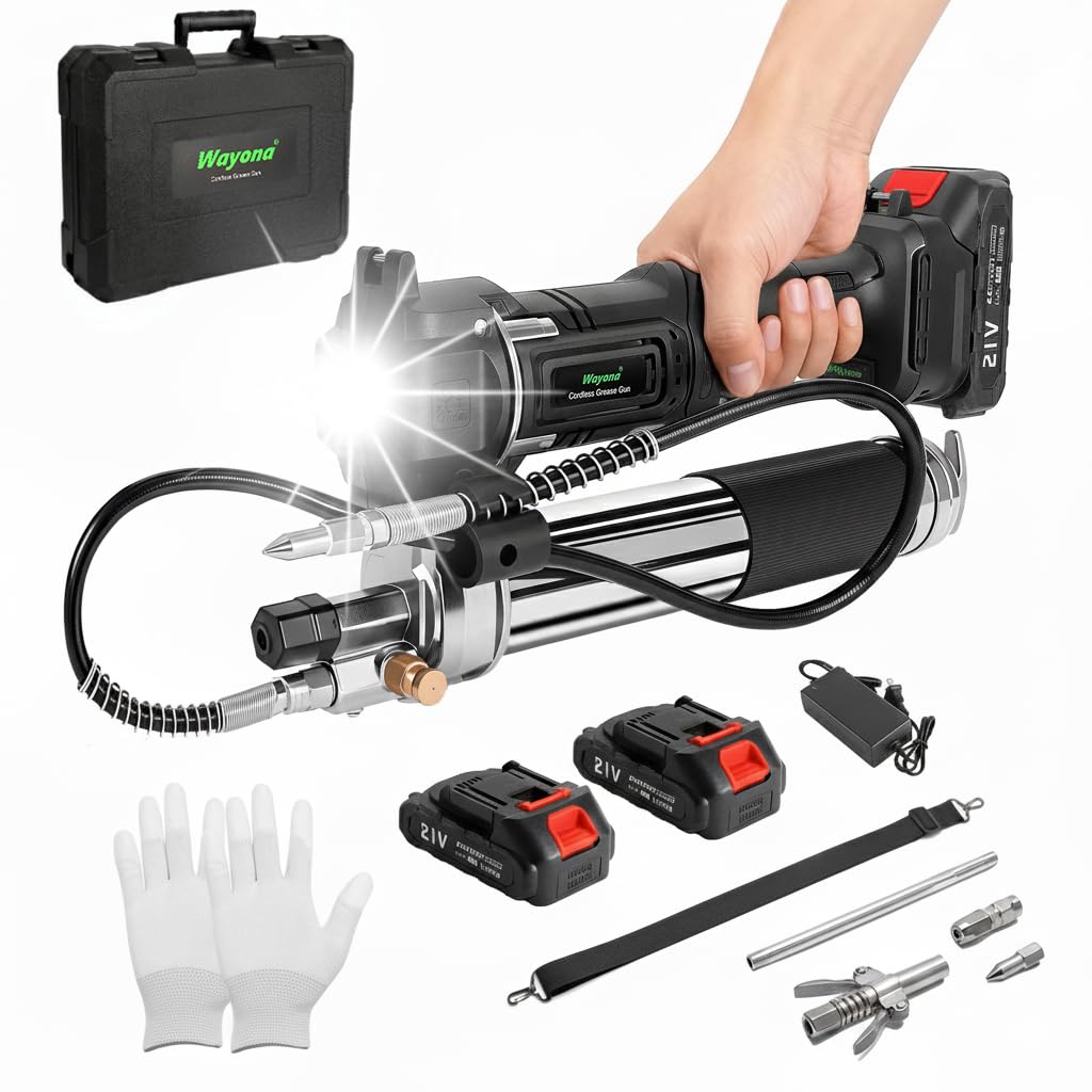 Wayona Pistola de grasa inalámbrica de 10000 psi, kit de pistola de grasa eléctrica con 2 baterías recargables, manguera flexible de 39.4 pulgadas, luz LED, cargador rápido, color negro