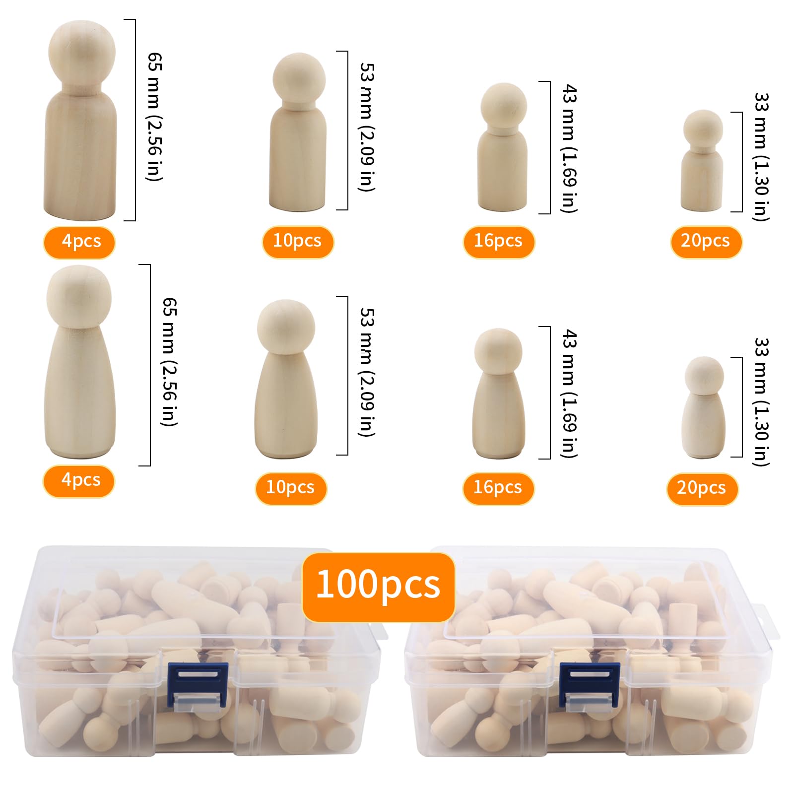 DAKFOOK 100 Pcs Wooden Peg Dolls, 4 Sizes Wooden People Shaped Dolls with Storage Box - Image 2