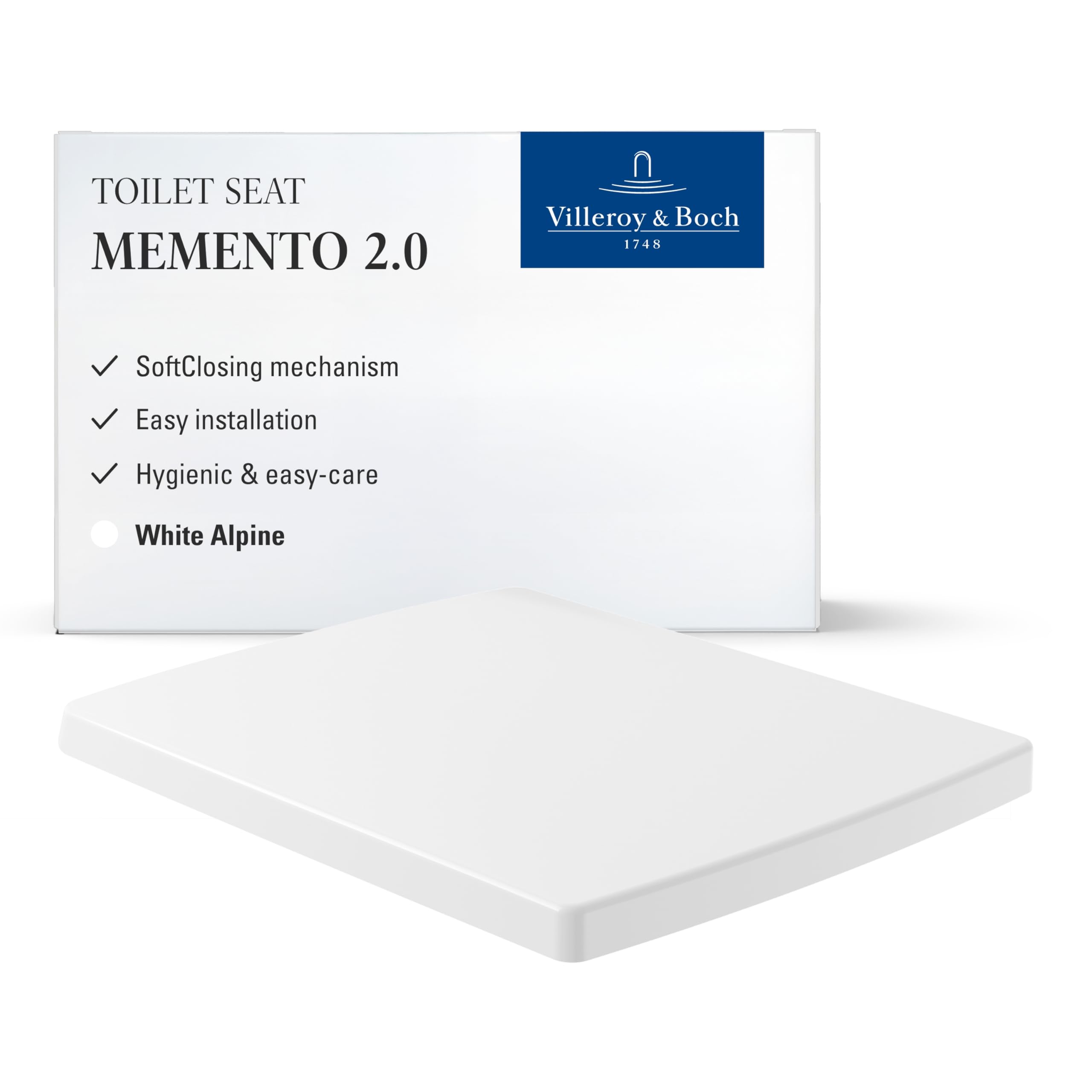 Villeroy & Boch Memento 2.0 Toilet Seat with Soft-Close Mechanism, Removable Toilet Seat Made of Shatterproof Duroplast, Toilet Lid, Original Replacement Part, Rectangular, White Alpine, Glossy