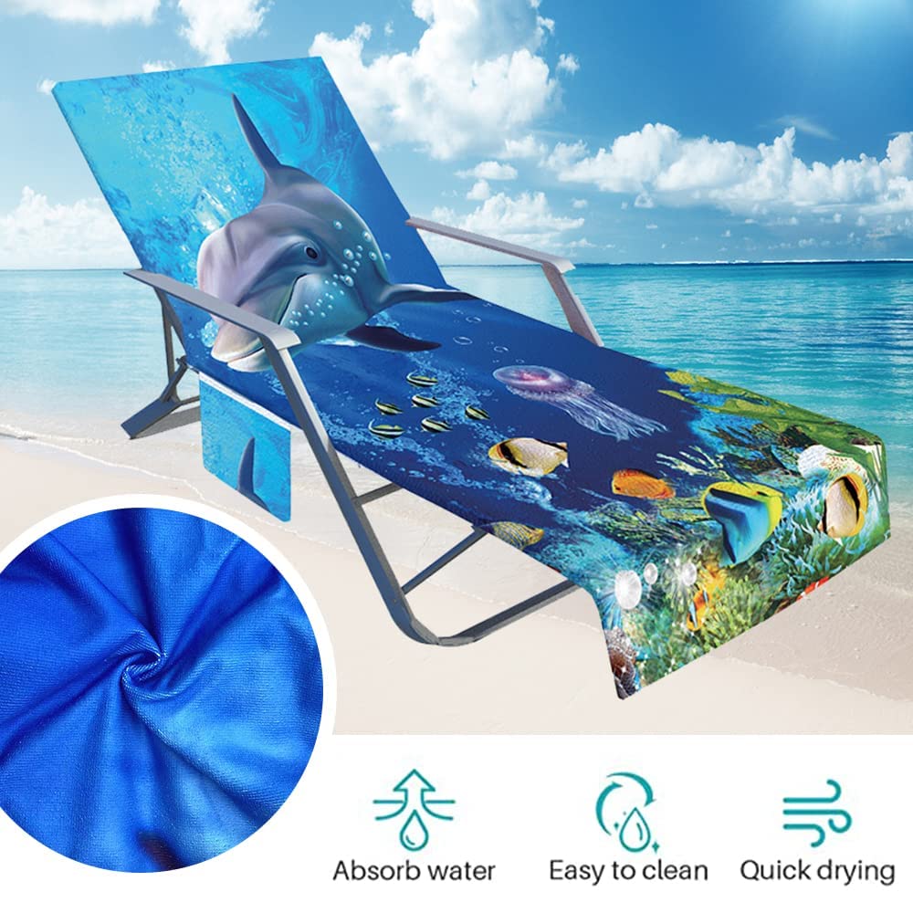 Ręcznik na leżak z nadrukiem delfina 3D z kieszeniami, pokrowiec na krzesło plażowe na zewnątrz, basen, ogród, letnie wakacje (ocean, 75 x 210 cm)