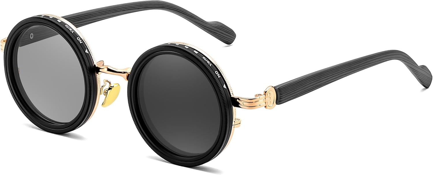 FEISEDY Adjustable Polarized Sunglasses,1-9 Gear Manual Dimming,Wood-Grain Temples,Steampunk Round ND TAC Lenses UV400 B0380