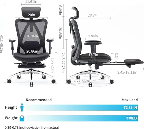 XUER Silla ergonómica de oficina Silla de escritorio de oficina en casa con soporte lumbar adaptativo reposabrazos 3D ajustable reposacabezas y