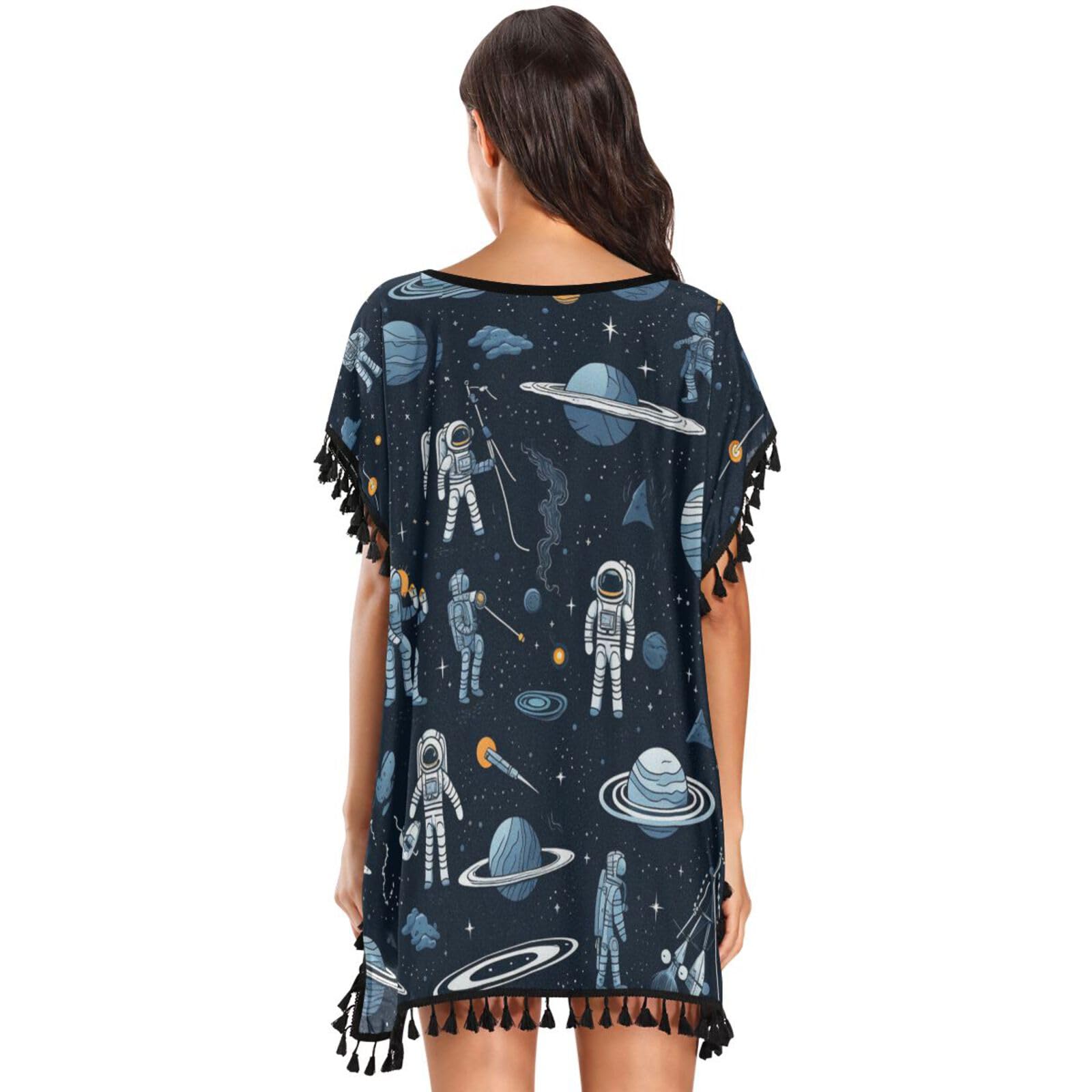 Space Blue Art Women's Beach Cover Up Chiffon Tassel Swimwear Swimsuit Coverups for Girl
