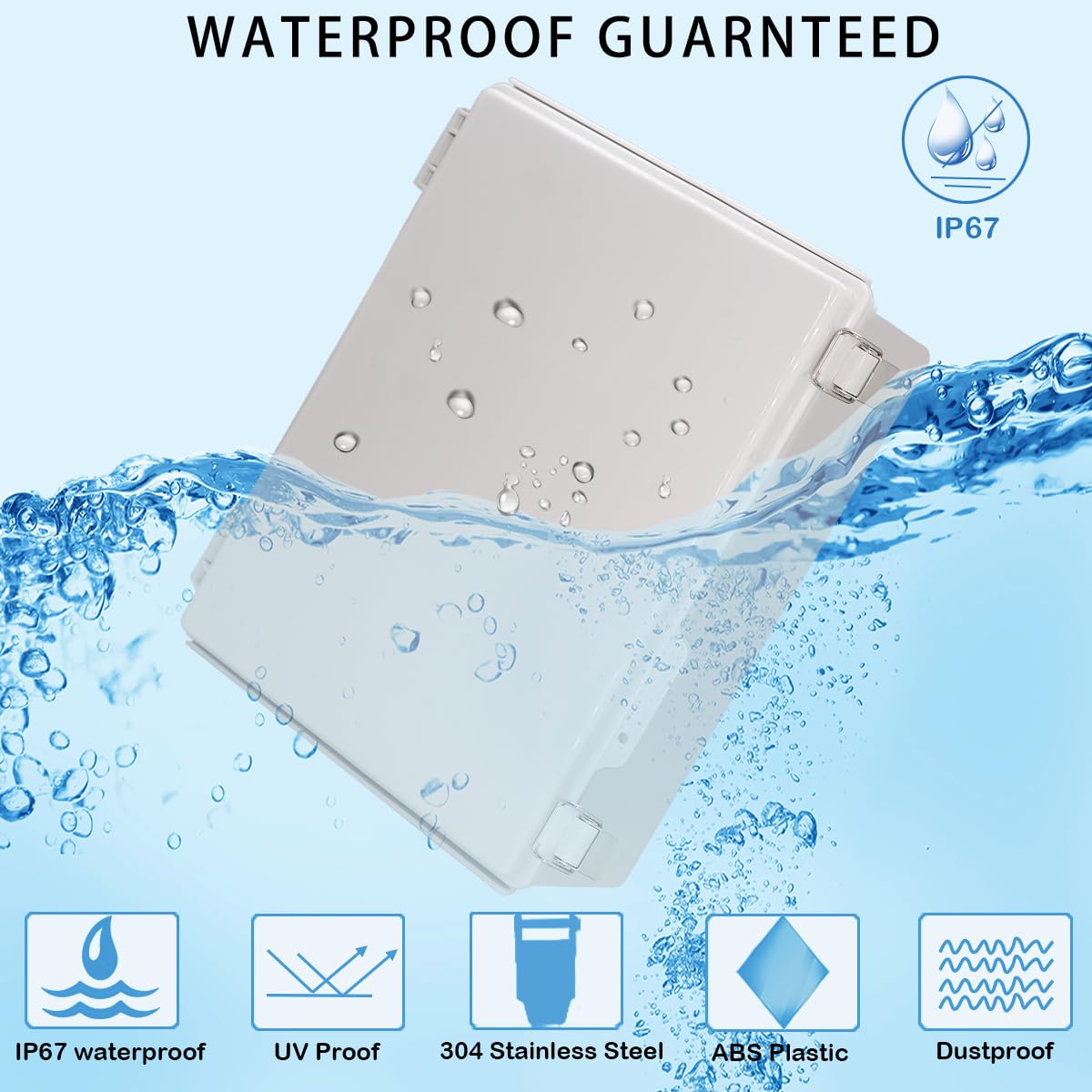 Zulkit Abzweigdose, IP67 wasserdichte elektrische Box, Scharnierabdeckung, Edelstahlschnalle, Kunststoffgehäuse für Projekte, mit Montageplatte, Wandhalterung und 2 Kabelverschraubungen, Grau, 380 x