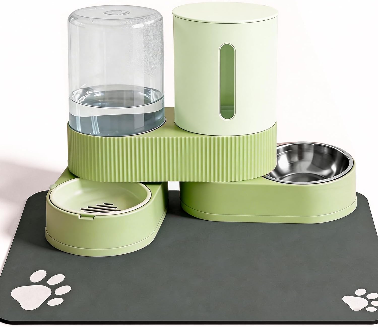 Gravity Cat Feeder 2 Pack Automatic Food Feeder Stainless Steel Water Dispenser Set 360 Degree Rotatable Pet Bowls with Silicone Mat for Cats Small Medium Dogs, Large Capacity(Green)