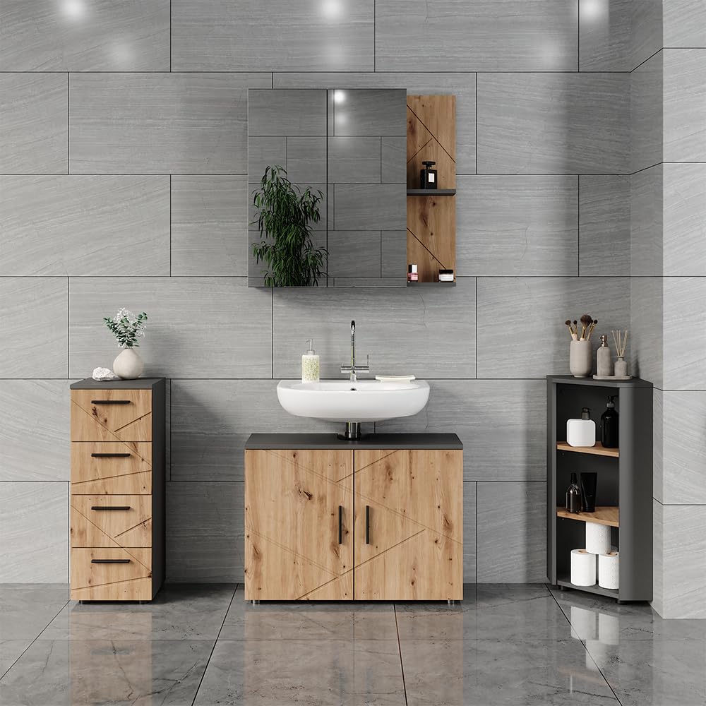 Vicco Mobiletto angolare Irma, Antracite/Rovere dorato, 33 x 81 cm 3 vani portaoggetti, per una conservazione salvaspazio negli angoli della stanza