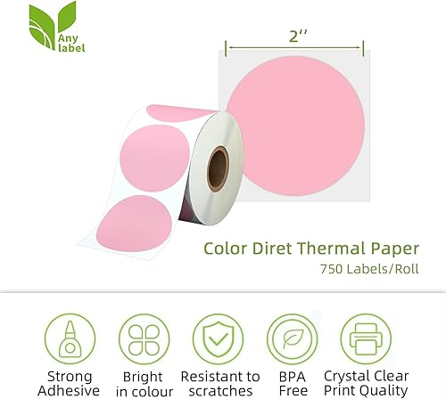 Miniatura 2 de Etiquetas térmicas directas circulares rosas de 2 pulgadas, calcomanías térmicas directas redondas autoadhesivas, etiquetas adhesivas multiusos para