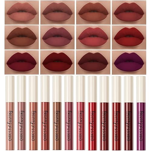 QiBest 12Pcs Matte Liquid Lipstick Set for Girls & Women, 24 Hours Long Lasting Waterproof Nude & Dark Red Lip Gloss Makeup Gift Kits, Velvet Non-Stick Cup Mate Duracion 24 Horas Originales Lip Stains