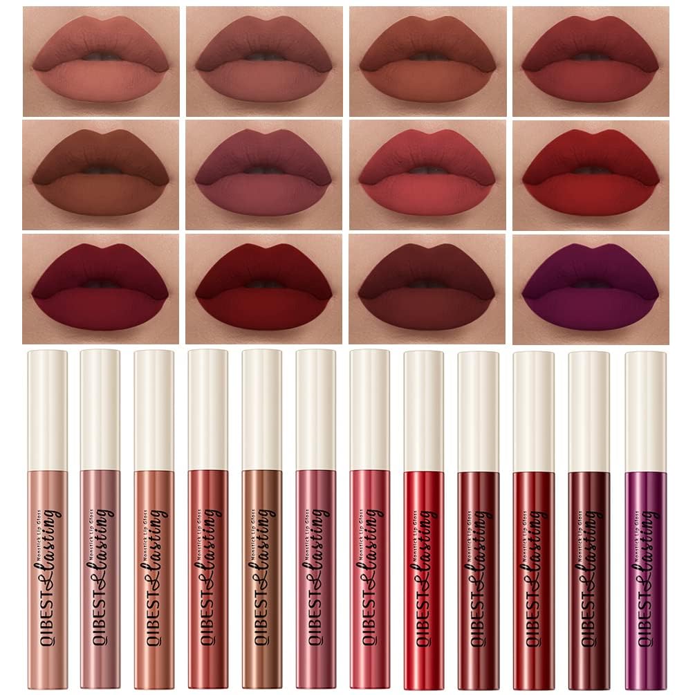 QiBest12Pcs Matte Liquid Lipstick Set for Girls & Women, 24 Hours Long Lasting Waterproof Nude & Dark Red Lip Gloss Makeup Gift Kits, Velvet Non-Stick Cup Mate Duracion 24 Horas Originales Lip Stains