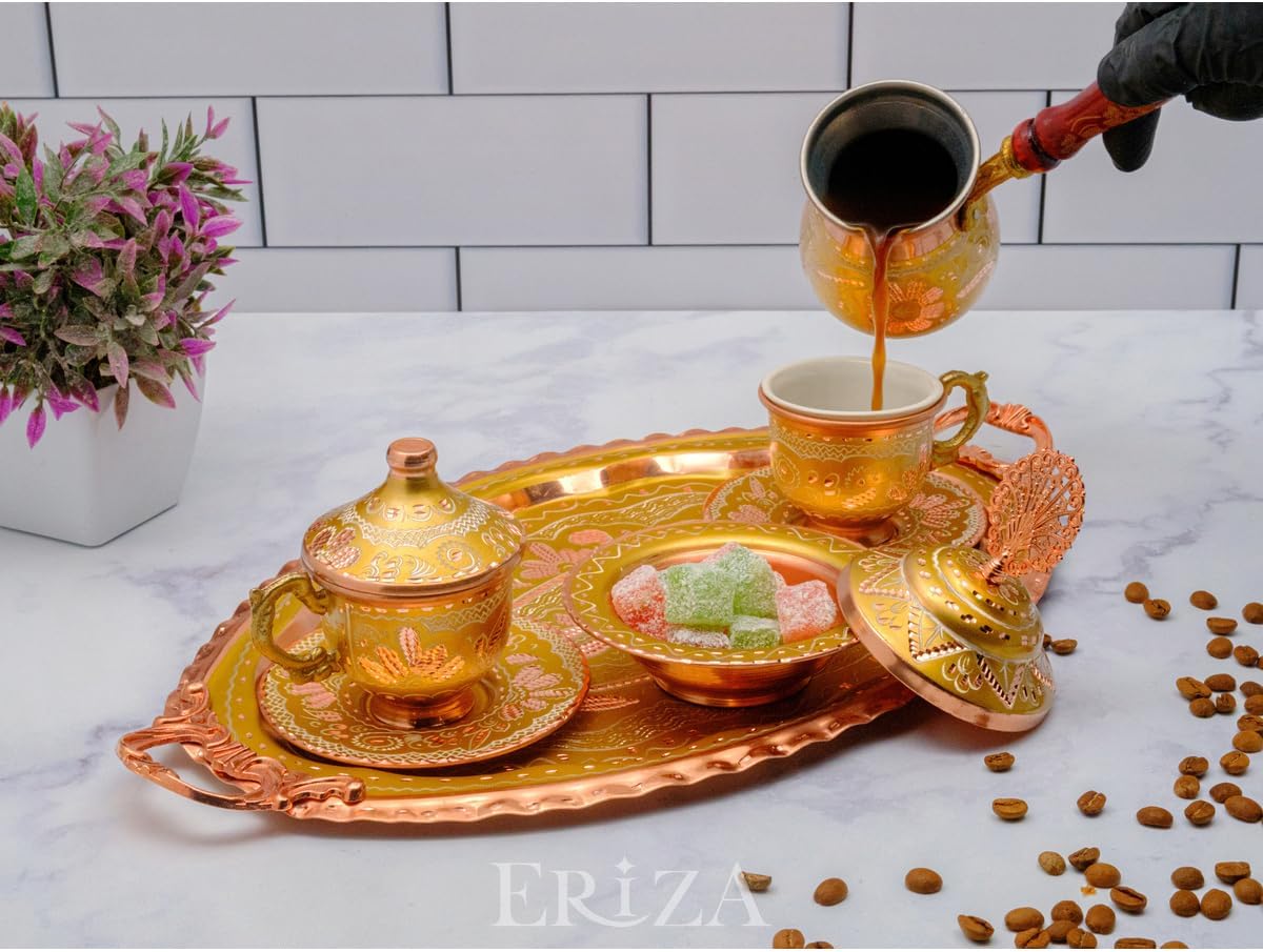 SODEF Copper Coffee Cup Set for Two, Turkish Coffee Set with Tray and Candy Bowl, Gold - Gold