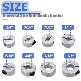 Mesee 8 Pieces Drill Bit Depth Stop Collar Rings, Split Ring Drill Depth Limiter Collars Spacing Positioner Locator Drilling Limit Ring - Imperial Size 1/2 7/16 3/8 5/16 1/4 7/32 3/16 1/8