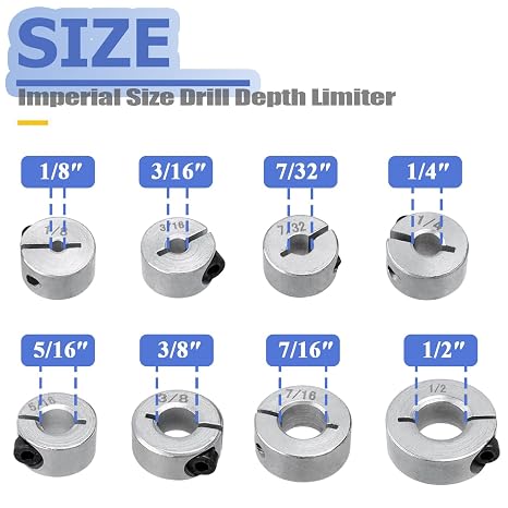 Mesee 8 Pieces Drill Bit Depth Stop Collar Rings, Split Ring Drill Depth Limiter Collars Spacing Positioner Locator Drilling Limit Ring - Imperial Size 1/2 7/16 3/8 5/16 1/4 7/32 3/16 1/8