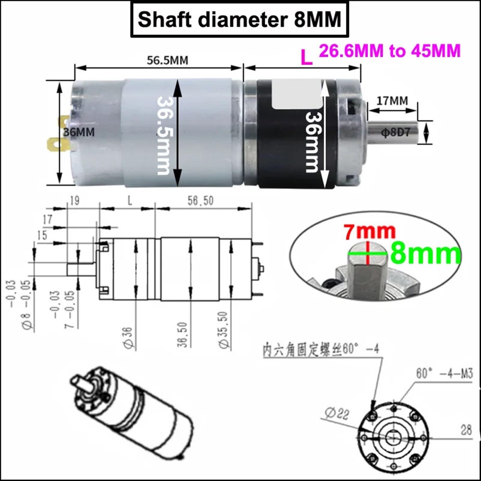 Motorreductor planetario de Alto par, CC 12 V y 24, Larga Vida útil, Baja Velocidad, Ajustable, Reversible, diámetro del Eje Engranaje metálico(Shaft Diameter 8MM,12v 58rpm 17kgf.cm)