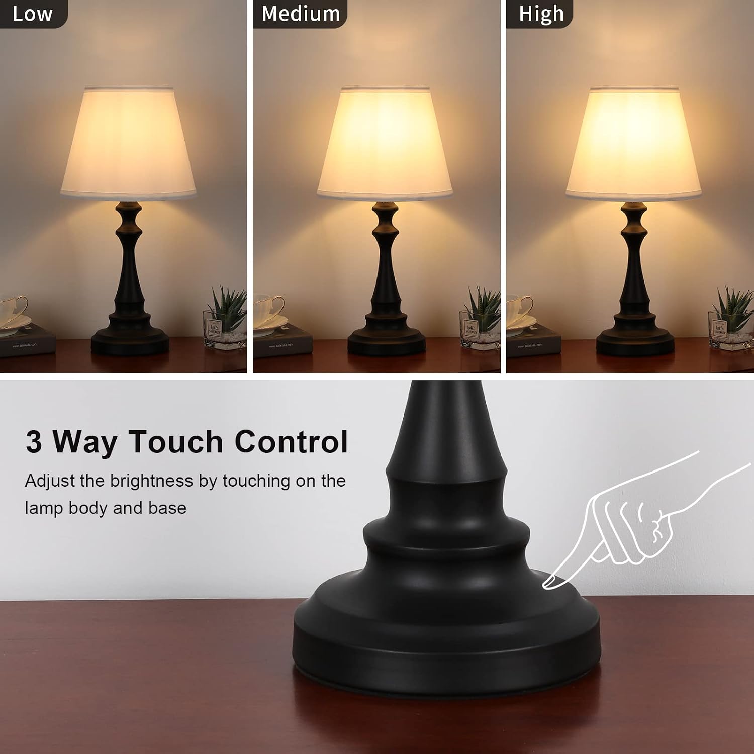 Touch Table Lamp for Bedroom Small - 3 Way Dimmable Bedroom Lamps for Nightstand with White Shade and Black Matt Metal Candlestick Base, Bedside Lamps for Small Spaces, Guest Room