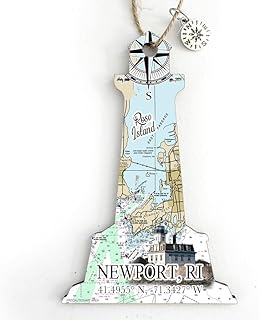 MapMom Rose Island Lighthouse, Newport, RI Lighthouse Shaped Wood Map Ornament | 4” Tall Wood Hanging Map Ornament with Artwork & Charm | Perfect for Wine Bottles, Gift Bags, or Christmas Tree