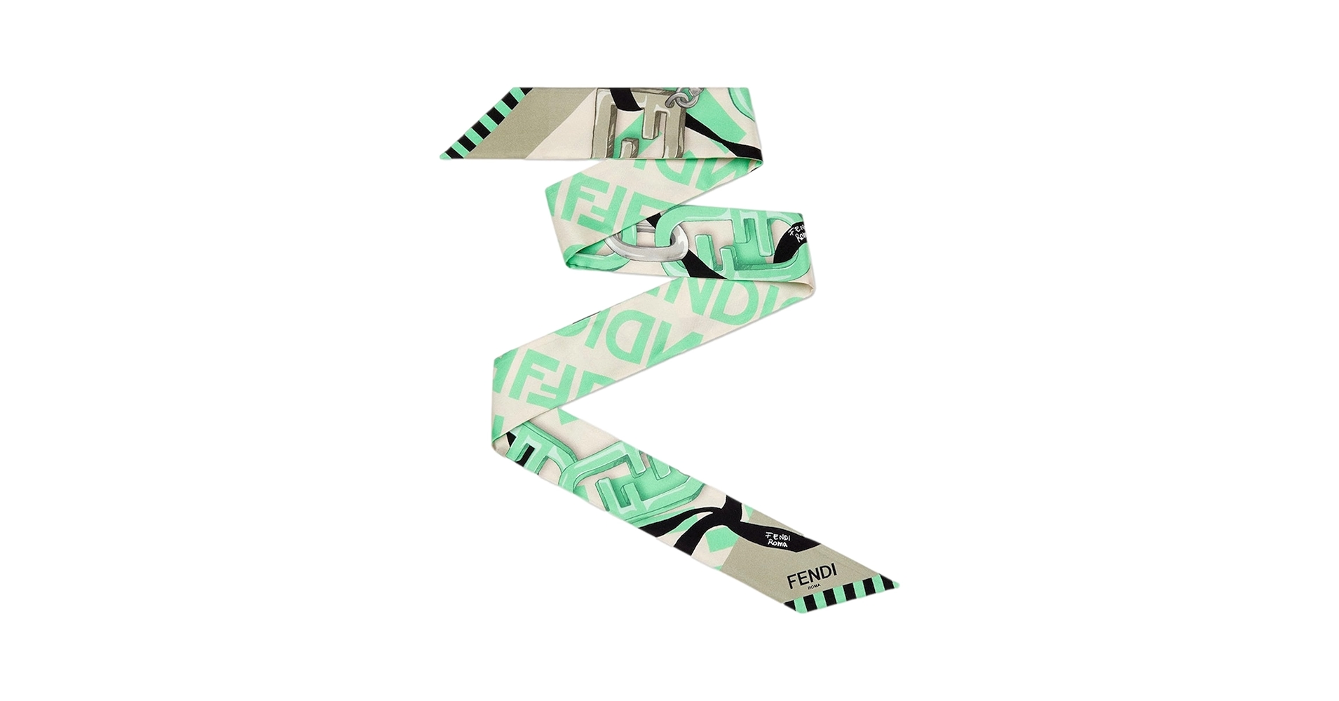 FENDI シルクスカーフ ロゴデザイン FENDI Logo Print Green and Beige Women's Wrappy Silk Scarf