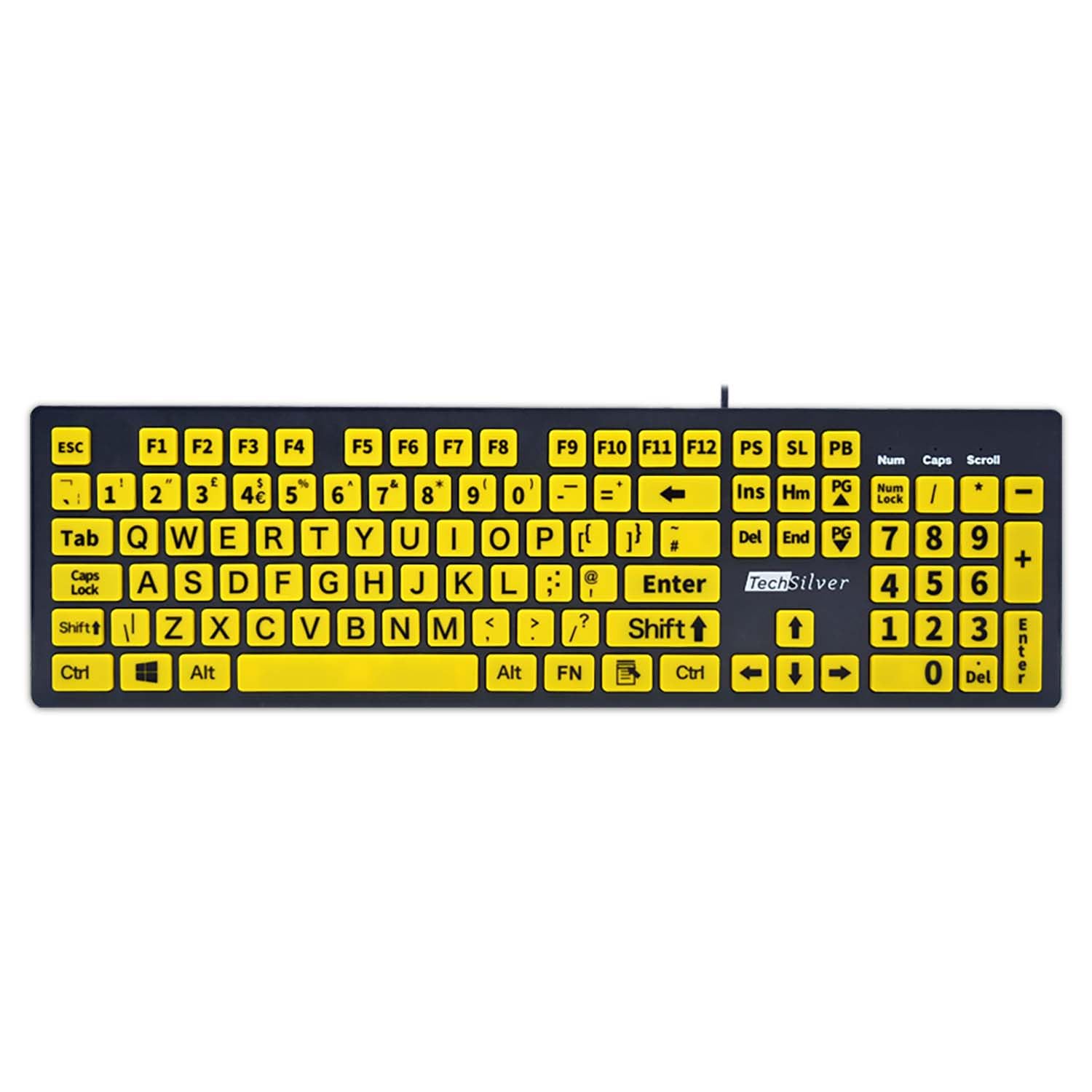 Tastiera grande per stampa – Giallo ad alto contrasto – USB cablata per ipovedenti e anziani – layout UK