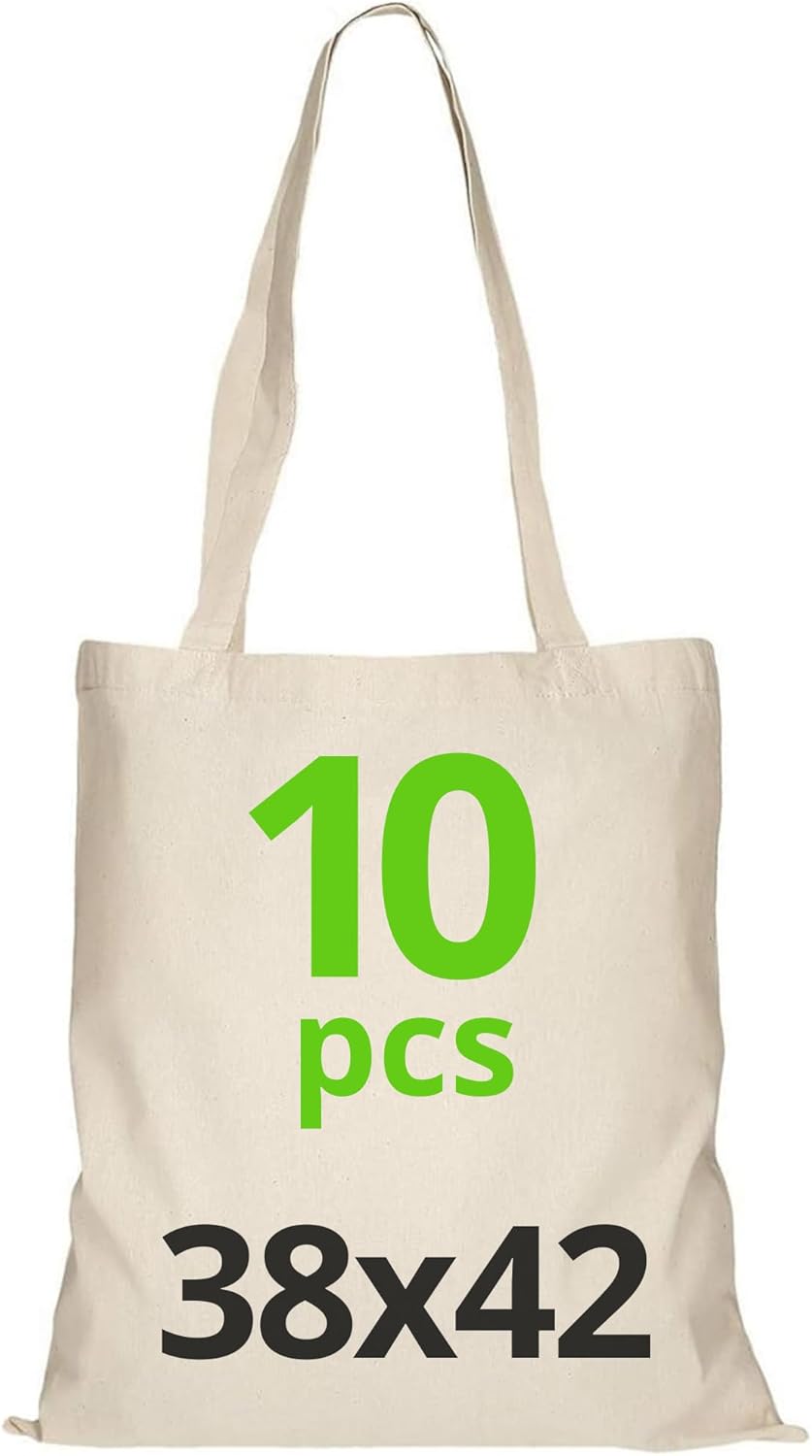 Borse Shopper In Cotone Naturale - 10 Pezzi 38x42 Cm, Manici Lunghi, Lavabili - Foto 1