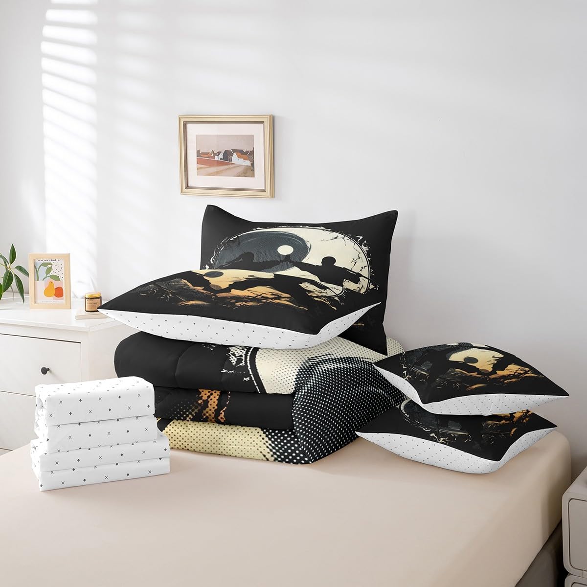 Feelyou Samurai Comforter Set 7 Pieces Queen Size Yin Yang Bedding Set Decor Japanese Samurai Sports Martial Art Japanese Ukiyoe Bed in a Bag Boho Trippy Bed Set with Comforter, Sheet Set, Pillowcases