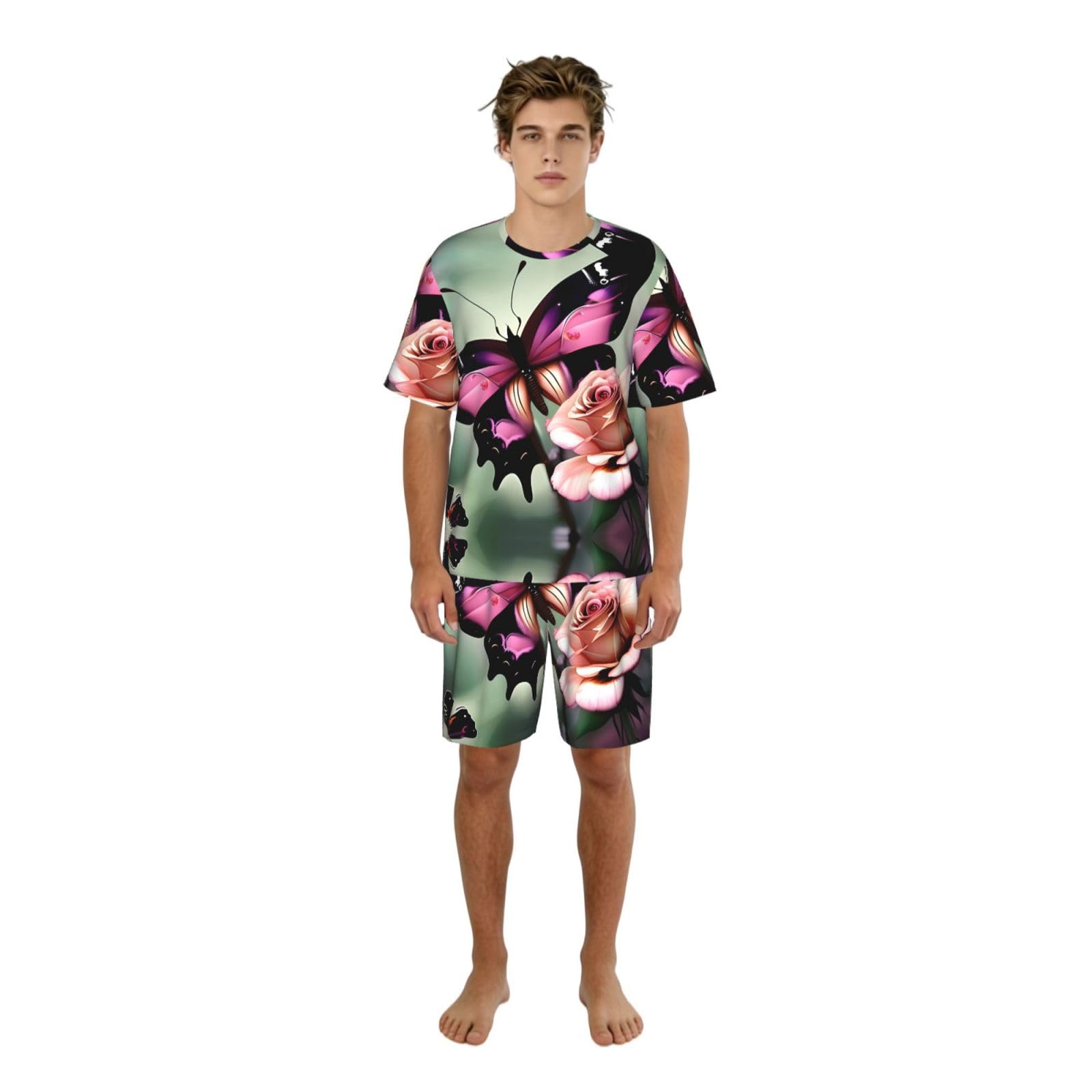 Conjunto de pijama clásico con estampado de flores y mariposas para hombre, pantalones cortos de pijama suaves para hombre, perfecto para las noches de verano