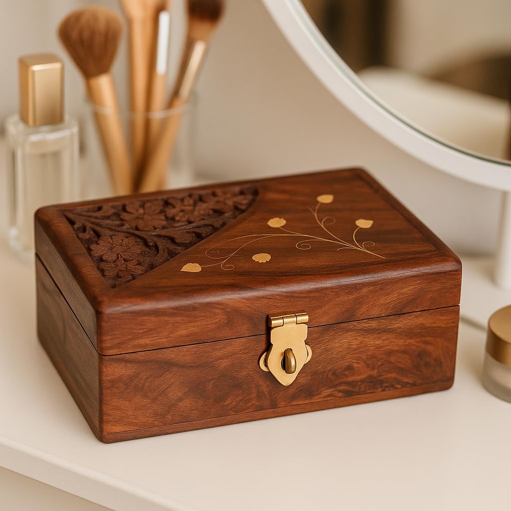 Craft Expertise Wooden Jewelry Box with Brass Engraving Design | Handmade Wooden Jewellery Organizer Box for Rings, Earrings & Necklace Storage | Decorative Box for Women & Gift | 6 x 4 x 2.25 Inches-image-29