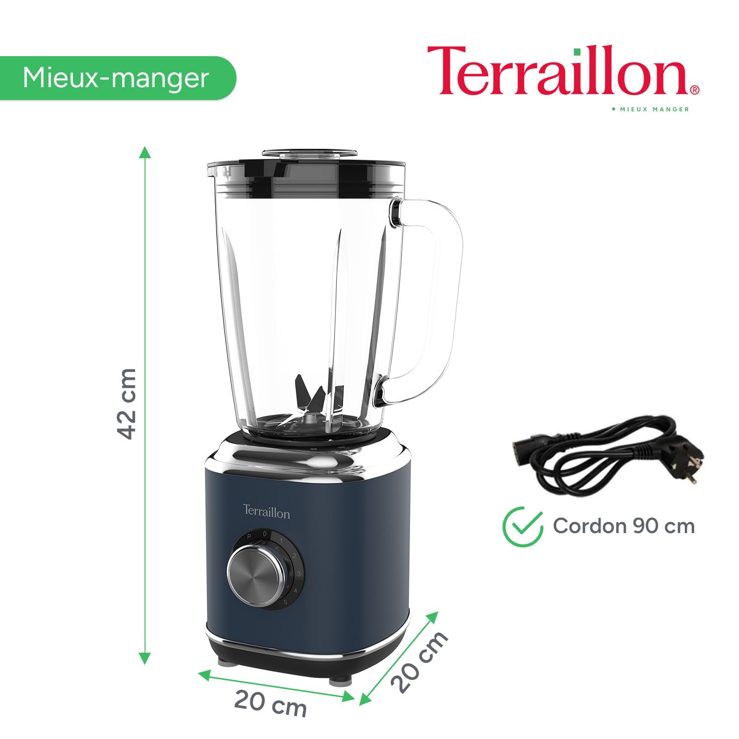 TERRAILLON - NEW MOON- Blender Electrique, Capacité 1.75L, 600W, Bol en verre, 5 vitesses réglables, Fonction Pulse, 4 Lames en Inox, Couvercle anti-débordement, Corps en Inox peint, Bleu