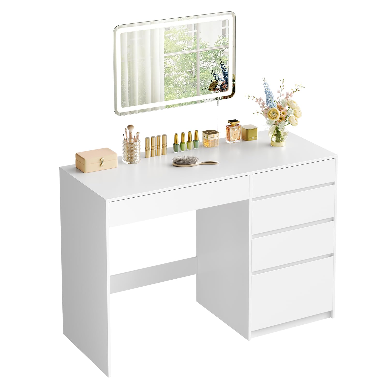 WOLTU Coiffeuse Bureau 2 en 1 avec Miroir LED, 5 tiroirs, Table Maquillage avec Miroir Mural 60x40 cm, 100x45x75 cm, Meuble Chambre Moderne en Bois, Blanc