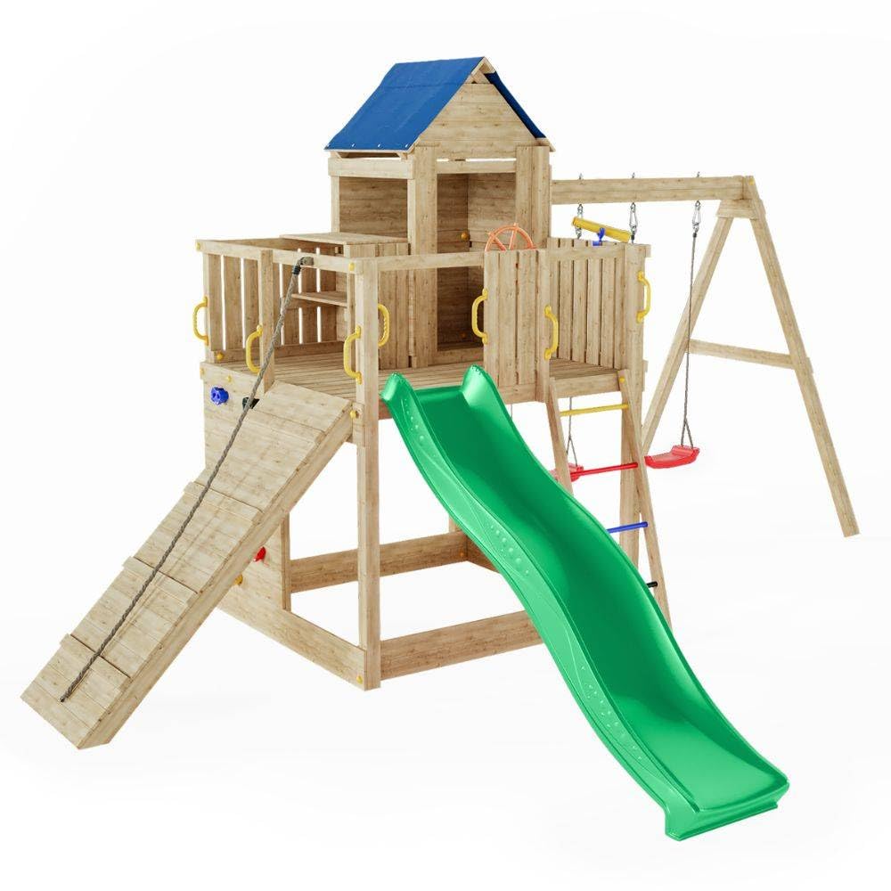 Casetta da Giardino per Bambini Fungoo Treehouse 3 – Parco Giochi in Legno con Altalene, Scivolo 2,2 m, Arrampicata e Accessori – Uso Privato – Disponibile da Agosto 2025