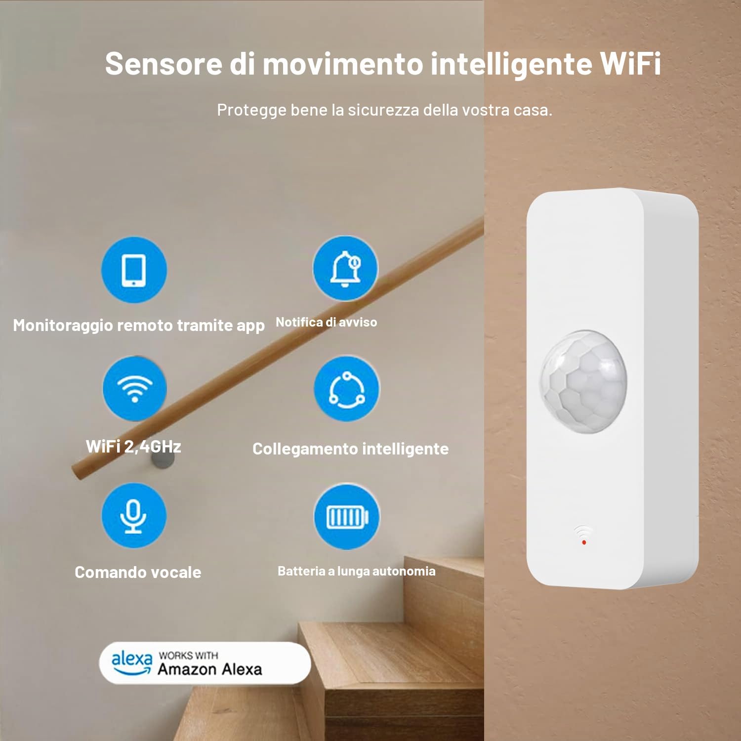 Sensore di movimento WiFi, sensore di movimento intelligente per la sicurezza domestica, monitoraggio remoto tramite app del sensore di movimento wireless, compatibile con il comando vocale Alexa.4PCS