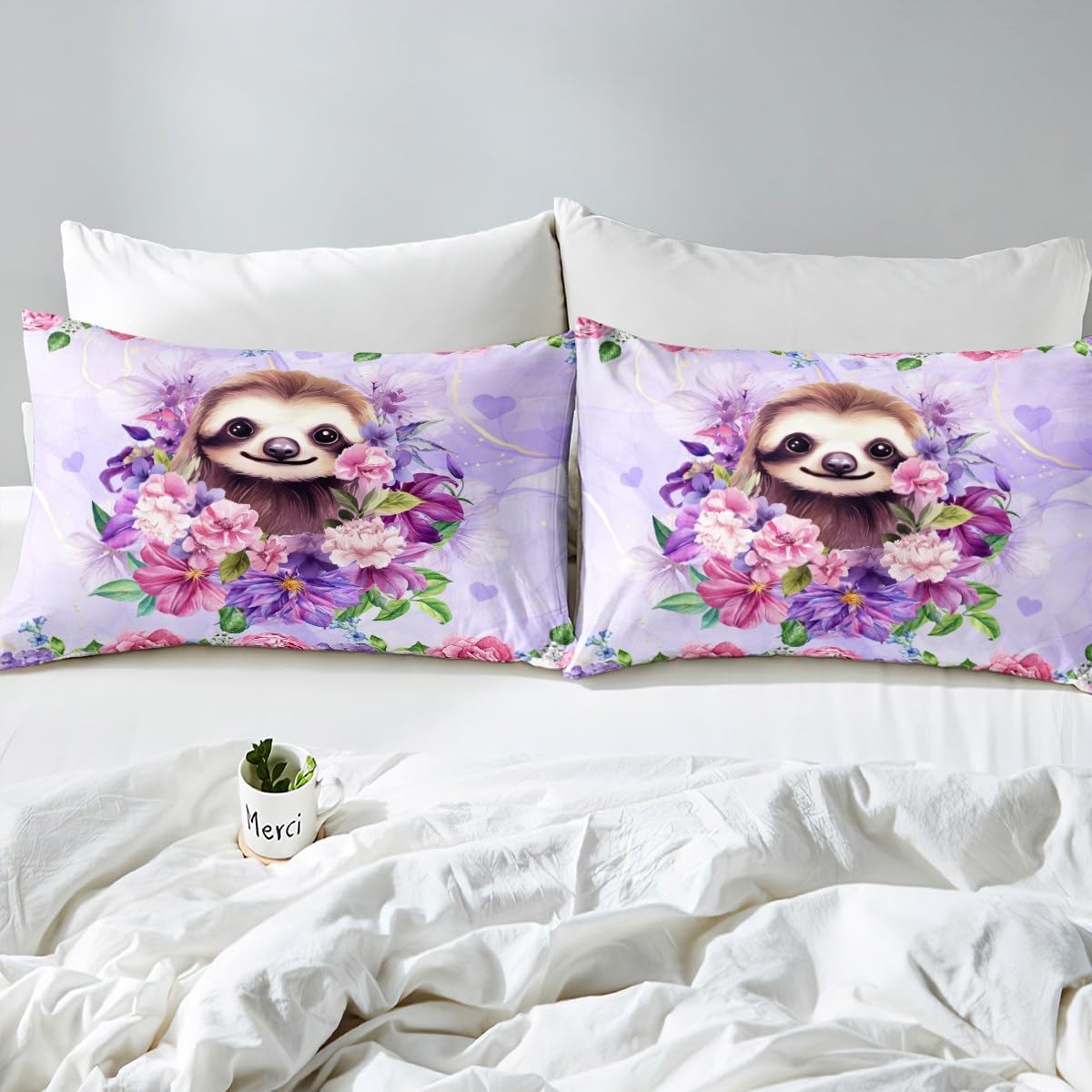 Castle Fairy Cute Sloth Sheet Set Queen Size Watercolor Floral Bedding Set 4Pcs Lovely Jungle Animal Bed Sheet for Kids Teens Room Decor Kawaii Brown Sloth Fitted + Flat Sheet,2 Pillowcases