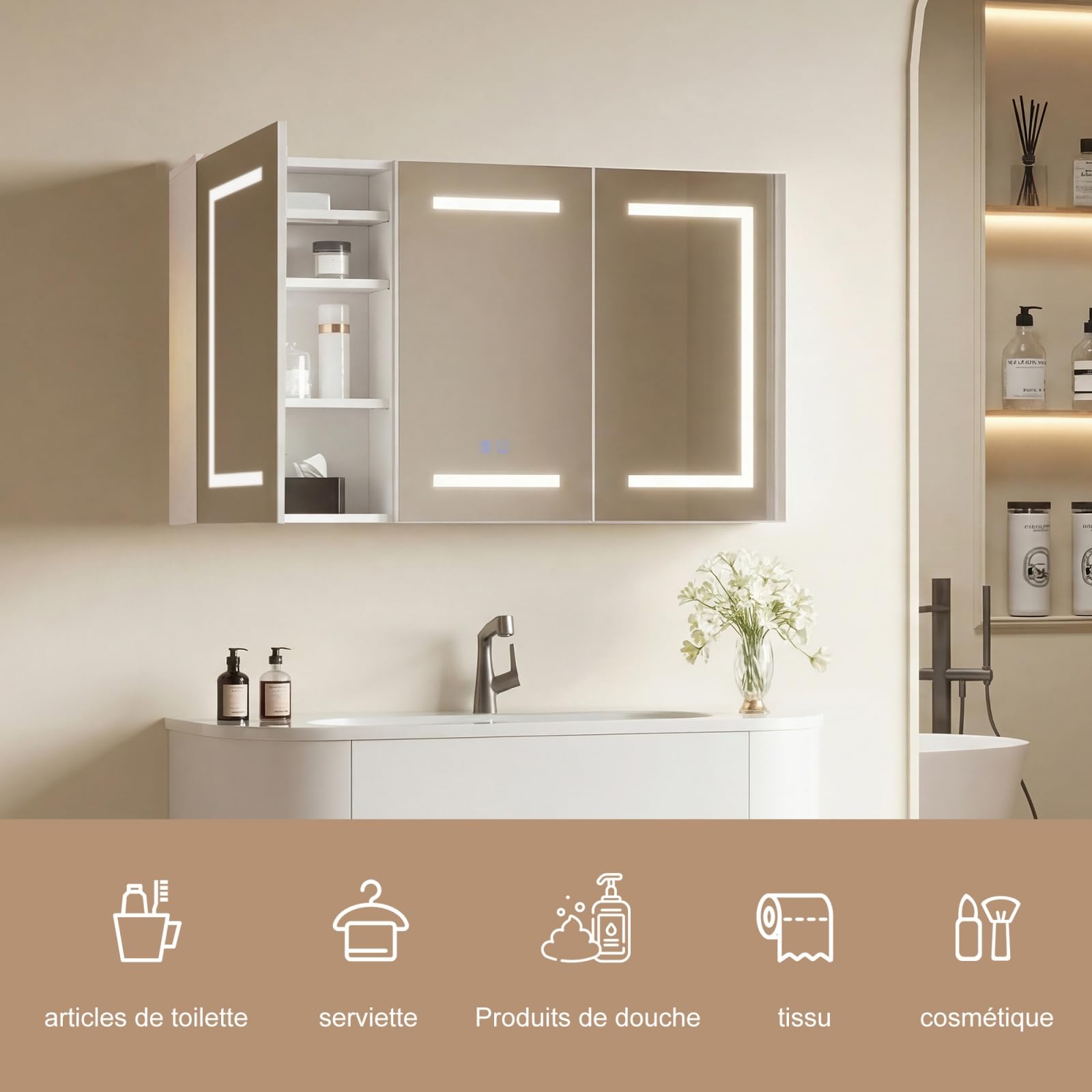Lustro z oświetleniem łazienkowym LED, lustro łazienkowe LED z 3 drzwiami, regulowana temperatura kolorów, przeciwmgielne, wylot i USB, regulowane półki, podświetlana szafka łazienkowa z
