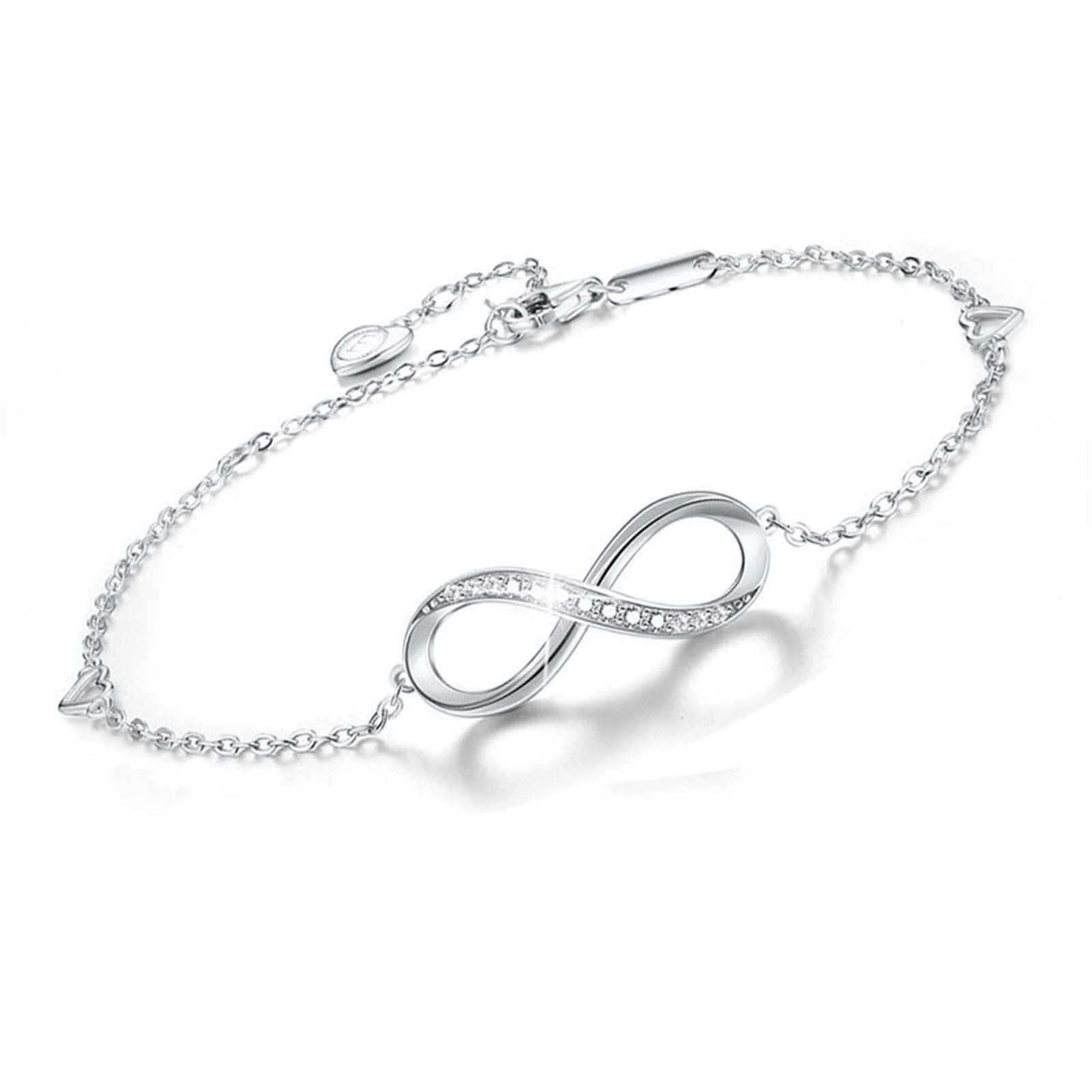 Infinito Amore Simbolo 925 Argento Sterling Braccialetto, Placcato Oro Bianco Bracciale in Zirconia Cubica per Le Donne Ragazze Donna Regalo per la Festa della Mamma Regolabile 15.8-21cm