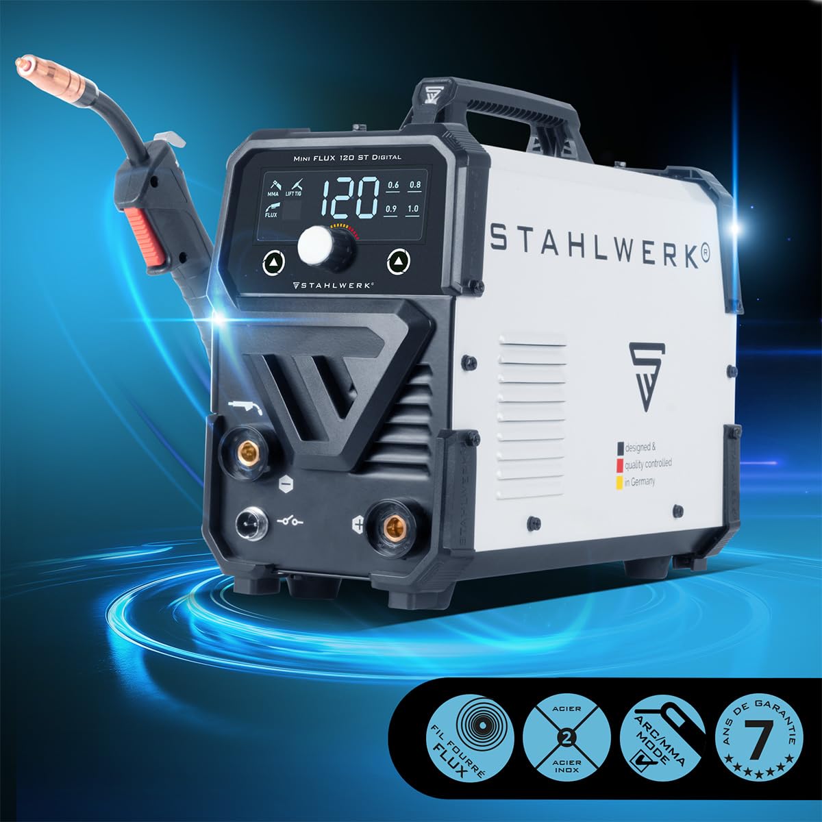 STAHLWERK Poste à souder Mini FLUX 120 ST Digital – Kit complet avec chariot – Soudage au fil fourré (FLUX) sans gaz jusqu'à 120 A, dévidage synergique, LED, fonction Lift-TIG & MMA (ARC)