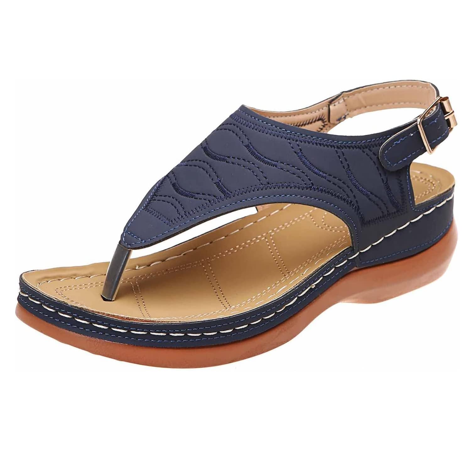 Women's Leather Orthopedic Arch Support Diabetic Walking Sandals, Summer Adjustable Anti-slip Platforms Orthotic Wedge Sandals, Casual Comfortable Pinch Toe Beach Flip-flops Slippers. (8.5, Blue)