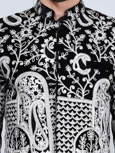 Image of WINTAGE Embroidered Velvet Black Bandhgala :- 46 / 2X-Large :- Blazer1559short