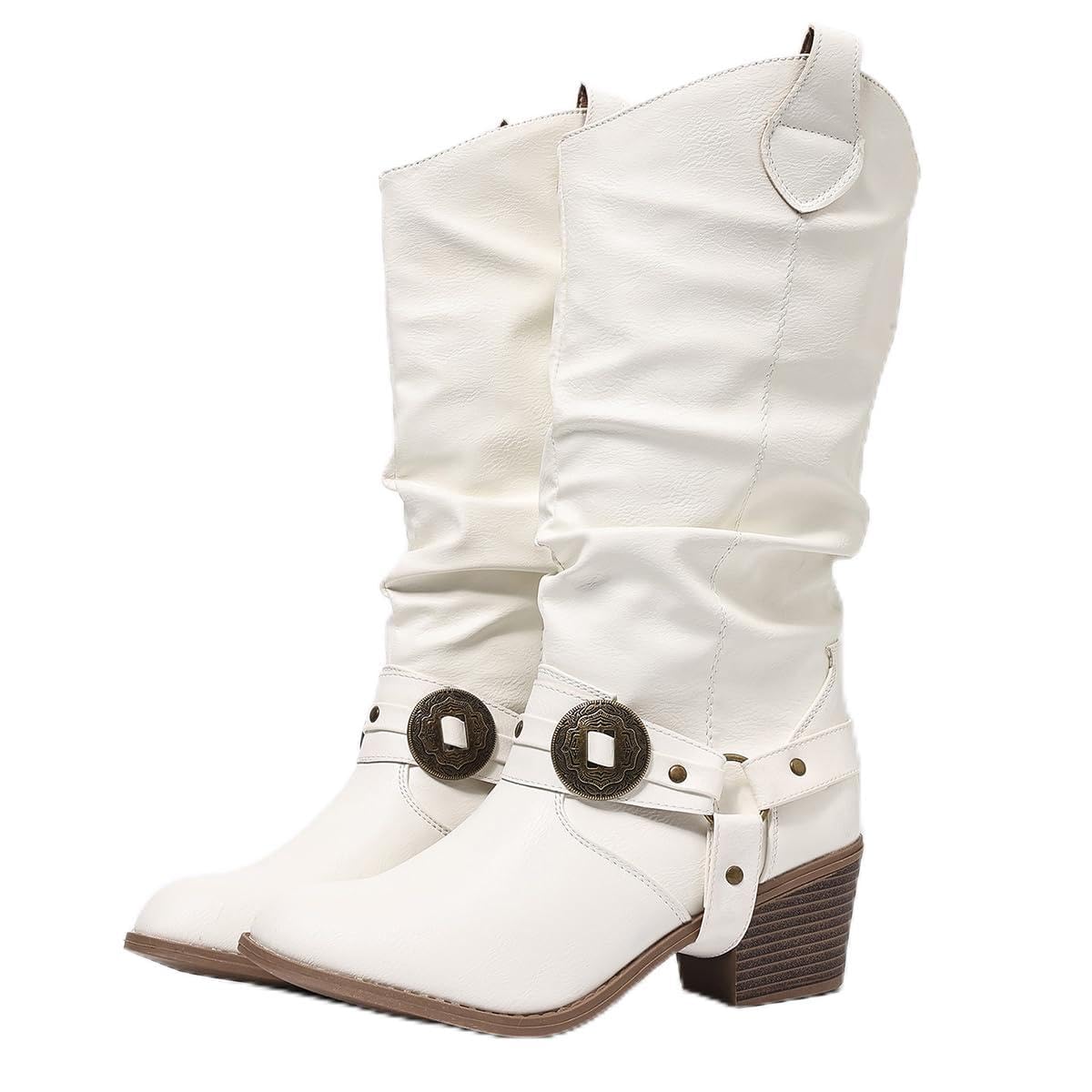 Womens Mid-Calf Western Cowboy Boots with Round Metal Accents Rivets Slouchy Pull-On Chunky Heel 2 17 Water-Resistant Height-Increasing