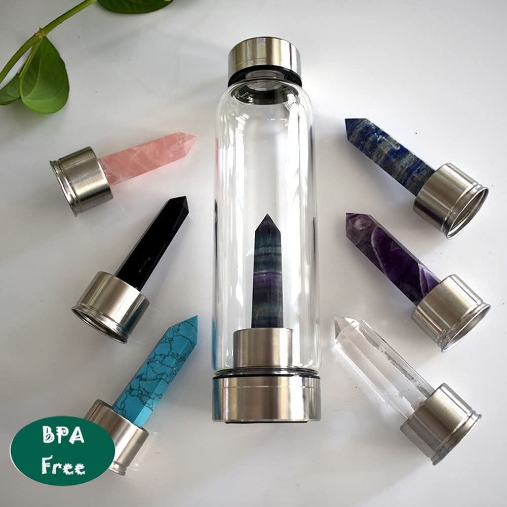PAHION Botella De Agua De Cristal Natural Quartz Crystal Point Reiki Healing Gema De Varita De Obelisk Botella De Agua De Piedras Preciosas Infundidas Con Energía De Elixir 550 Ml
