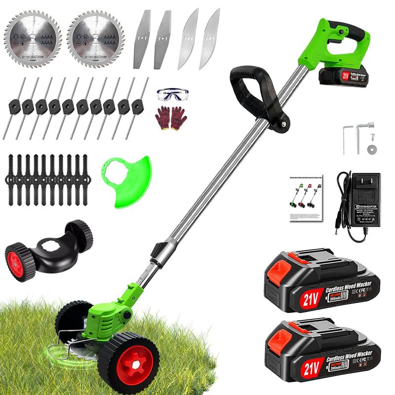 Electric Weed Wacker Battery Powered Weed Cordless Eater Battery Operated, 21V/2000mAh Portable Grass Trimmer/Lawn Edger/Mower/Brush Cutter with 2 Pcs Li-Ion Batteryies(5 Types, 26Pcs Blades)