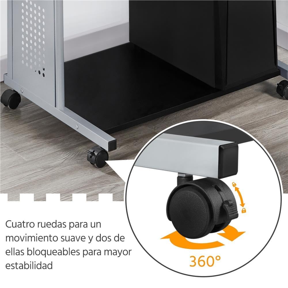 Yaheetech Mesa de Ordenador con Ruedas 80x50x132cm Mesa de Trabajo Móvil Escritorio con Estantería Bandeja para Teclado para Estudio Casa Oficina Negro