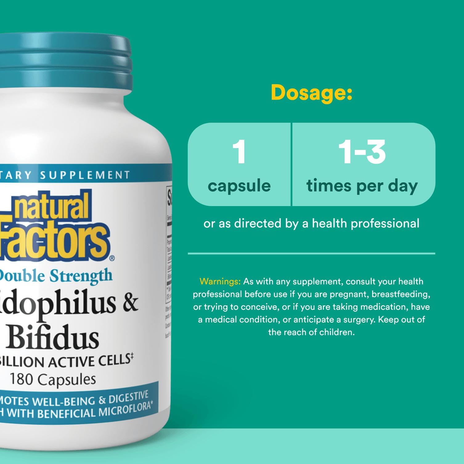 Natural Factors Acidophilus & Bifidus Double Strength, Probiotic and Prebiotic Formula, 180 Capsules