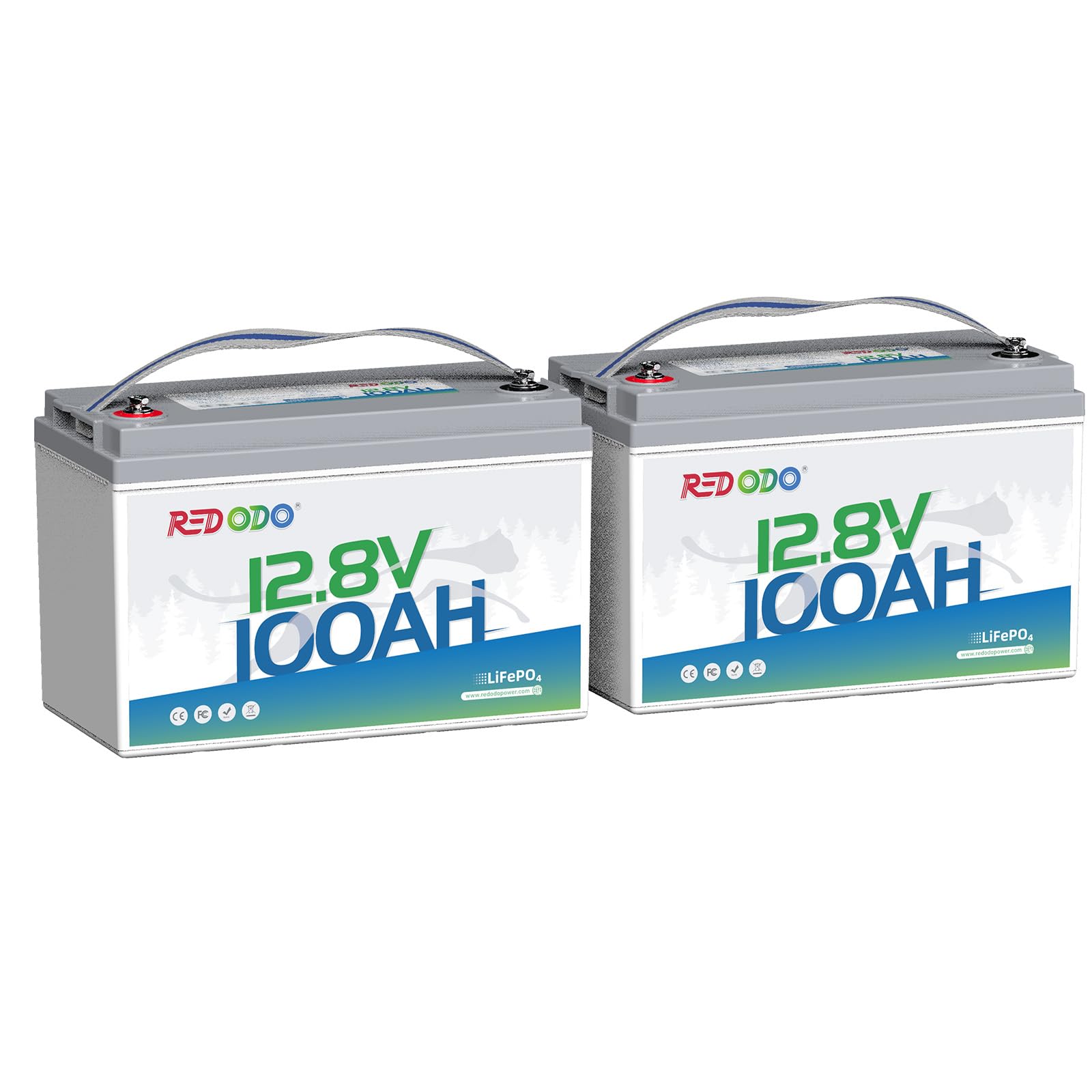Redodo Zestaw 2 baterii LiFePO4 12 V 100 Ah, 1280 Wh na baterię (łącznie 2560 Wh), 100 A BMS, 15000 cykli, 10 lat, idealne do samochodów kempingowych, Off Grid, Marine i łodzi