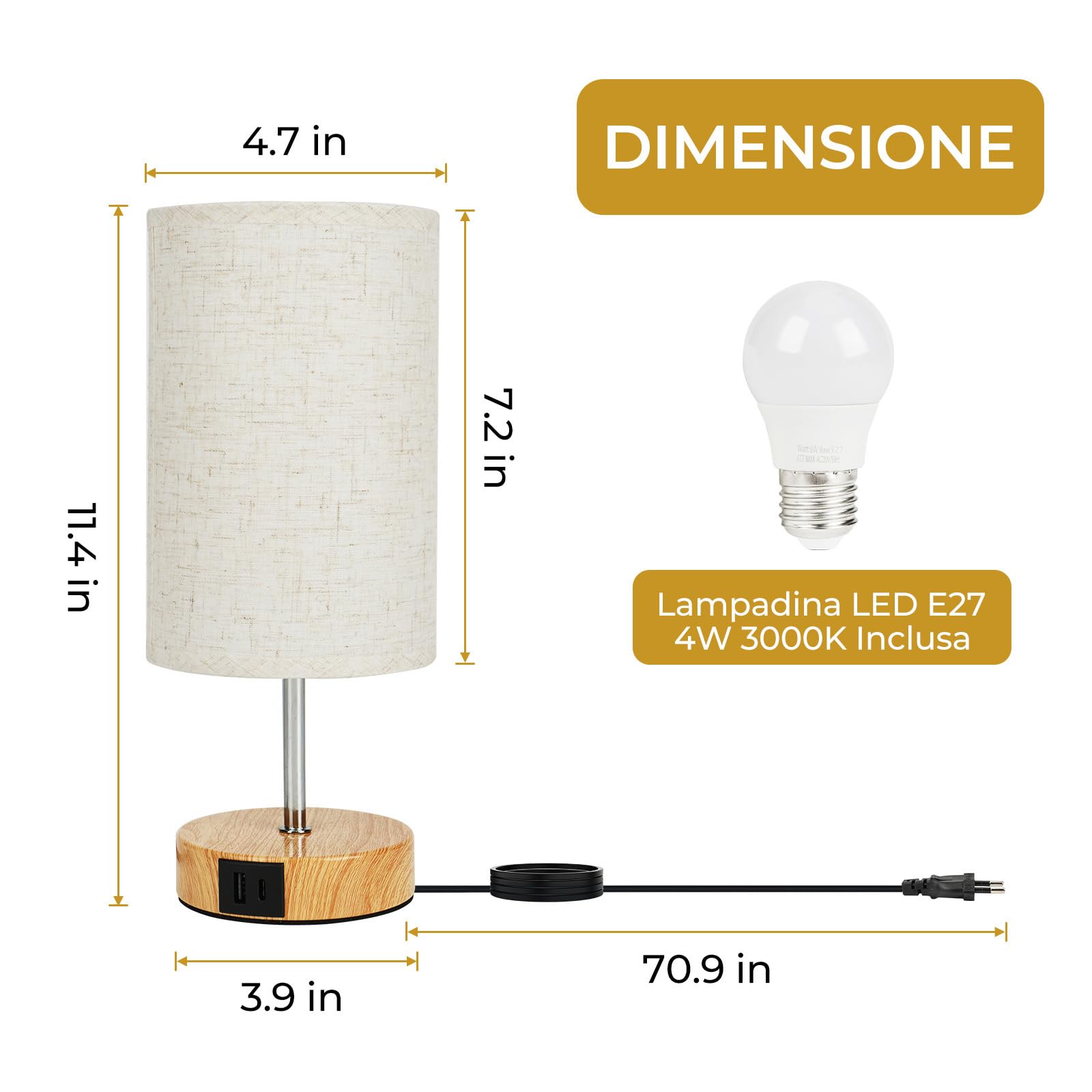 Suright Lampada da Comodino Touch Dimmerabile Set di 2, Abat Jour da Comodino con Porte di Ricarica USB A+C, Lampada da Tavolo Piccola per Camera da Letto Soggiorno (Lampadina Inclusa)